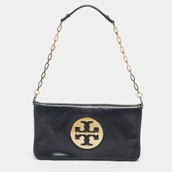 Tory Burch Navy Blue Snakeskin Embossed Leather Reva Flap Shoulder Bag