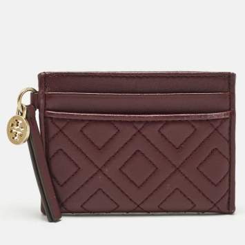 Pre Owned Tory Burch Burgundy Quilted Leather Fleming Card Holder