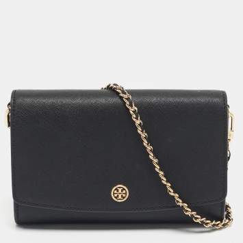 Pre Owned Tory Burch Black Leather Robinson Flap Chain Clutch Bag