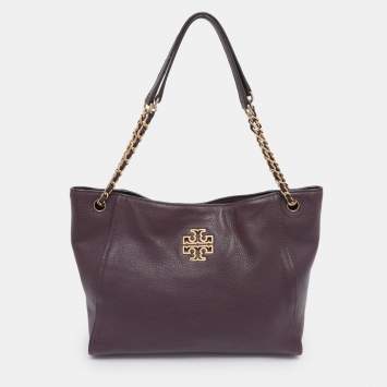 Pre Owned Tory Burch Purple Leather Small Britten Chain Tote