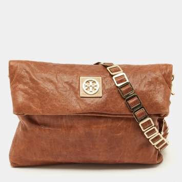 Pre Owned Tory Burch Brown Textured Leather Louisa Messenger Bag