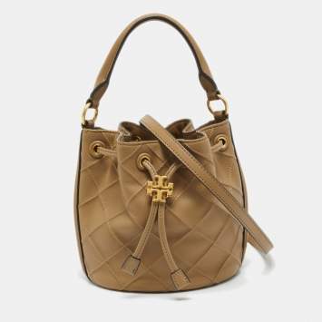 Pre Owned Tory Burch Beige Leather Small Fleming Soft Bucket Bag