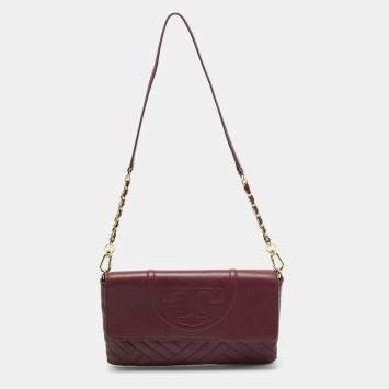 Pre Owned Tory Burch Burgundy Leather Alexa Chain Flap Clutch
