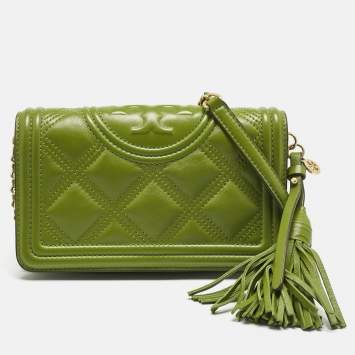 Pre Owned Tory Burch Olive Green Leather Fleming Wallet On Chain