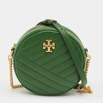 Pre Owned Tory Burch Green Chevron Leather Kira Circle Crossbody Bag