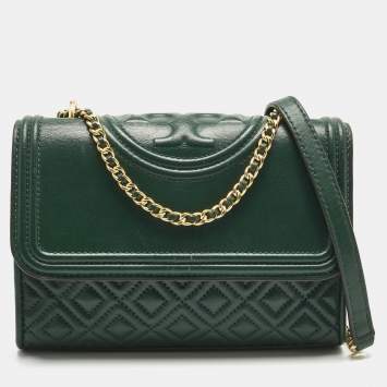 Pre Owned Tory Burch Green Quilted Leather Small Fleming Shoulder Bag