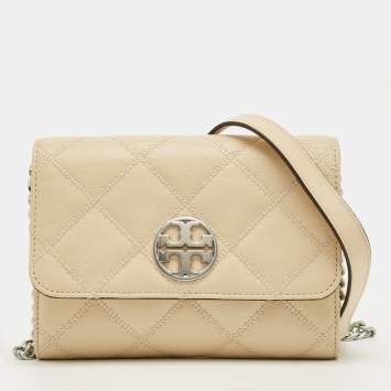 Pre Owned Tory Burch Beige Quilted Leather Willa Wallet On Chain