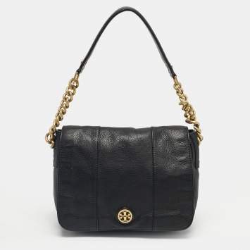 Pre Owned Tory Burch Black Leather Logo Flap Shoulder Bag