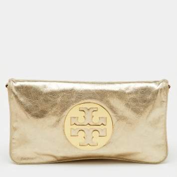 Pre Owned Tory Burch Metallic Gold Leather Reva Chain Clutch
