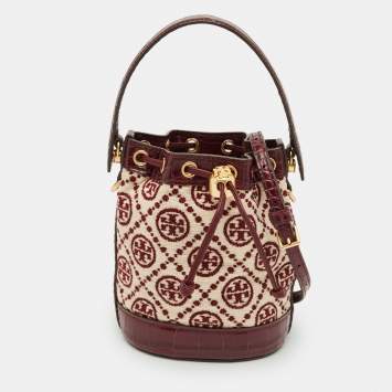 Pre Owned Tory Burch Burgundy T Monogram Fabric and Croc Embossed Leather Chenille Bucket Bag