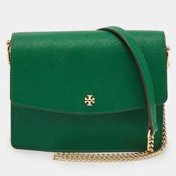 Pre Owned Tory Burch Green Leather Emerson Envelope Shoulder Bag