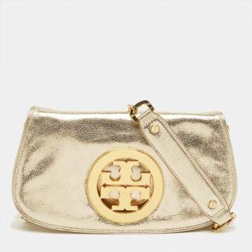 Pre Owned Tory Burch Gold Leather Reva Chain Clutch