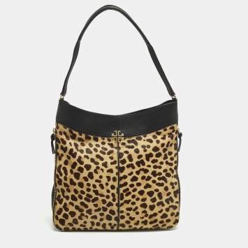 Pre Owned Tory Burch Brown/Black Leopard Print Calfhair and Leather Zip Around Shoulder Bag