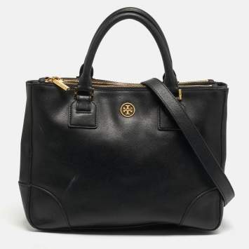 Pre Owned Tory Burch Robinson Double Zip Large Black Leather Tote