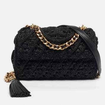 Pre Owned Tory Burch Fleming Crochet Small Black Straw Shoulder Bag