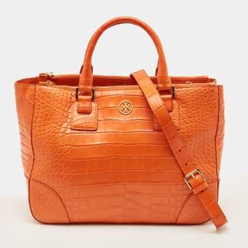 مملوكة مسبقًا Tory Burch Robinson Double Zip Large Orange Croc Embossed Leather Tote