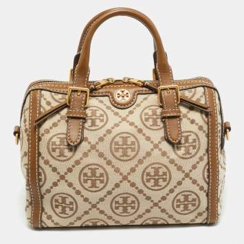 مملوكة مسبقًا Tory Burch T Monogram Jacquard Tan/Beige Canvas and Leather Duffel Bag