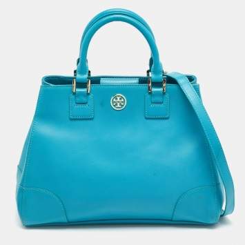 Pre Owned Tory Burch Robinson Snap Light Blue Leather Tote