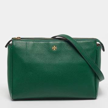 Pre Owned Tory Burch Mercer Zip Green Leather Crossbody Bag