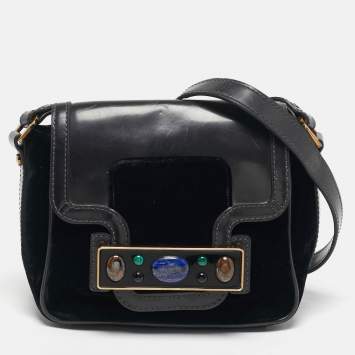 Pre Owned Tory Burch Crystal Embellished Black Leather and Velvet Flap Crossbody Bag