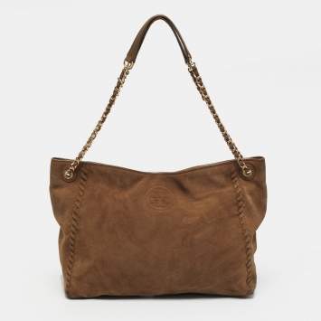 مملوكة مسبقًا Tory Burch Marion Whipstitch Brown Suede Chain Tote