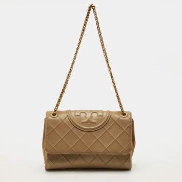 Pre Owned Tory Burch Fleming Beige Quilted Leather Shoulder Bag