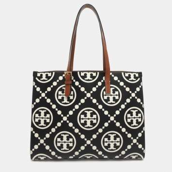 Pre Owned Tory Burch Monogram T Embossed Black/Off White Leather Contrast Tote