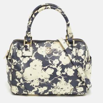 Pre Owned Tory Burch Robinson Navy Blue/Cream Floral Print Coated Canvas Satchel