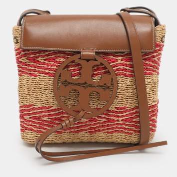 Pre Owned Tory Burch Miller Beige/Pink Leather and Straw Flap Crossbody Bag