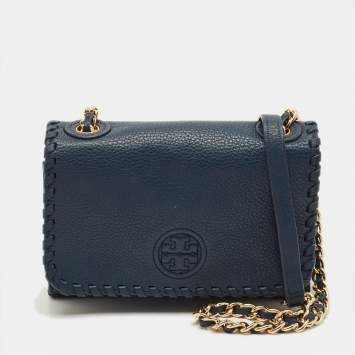 Pre Owned Tory Burch Marion Shrunken Navy Blue Leather Crossbody Bag