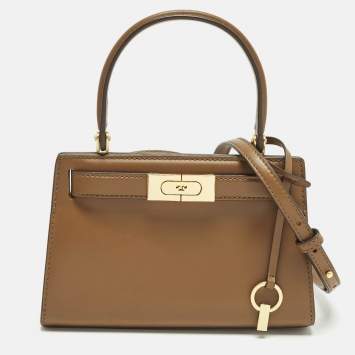 Pre Owned Tory Burch Lee Radziwill Petite Brown Leather Top Handle Bag