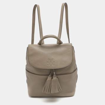 مملوكة مسبقًا Tory Burch Grey Leather Logo Flap Tassel Backpack