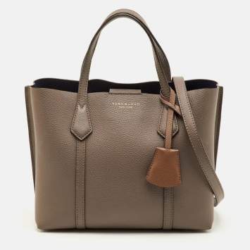 Pre Owned Tory Burch Perry Triple-Compartment Small Taupe Leather Tote 