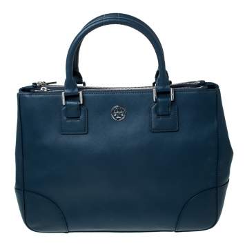 Pre Owned Tory Burch Blue Leather Large Double Zip Robinson Tote