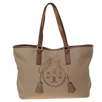 Pre Owned Tory Burch Khaki Canvas and Leather Shopper Tote