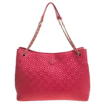 Pre Owned Tory Burch Coral Pink Quilted Leather Marion Chain Tote