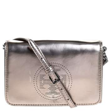 Pre Owned Tory Burch Metallic Grey Patent Leather Flap Crossbody Bag
