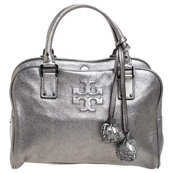 Pre Owned Tory Burch Metallic Dark Grey Boston Bag