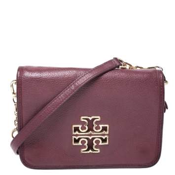Pre Owned Tory Burch Burgundy Leather Britten Flap Crossbody Bag