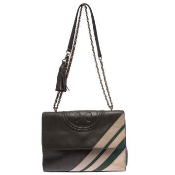 Pre Owned Tory Burch Dark Grey Leather Large Fleming Stripe Convertible Shoulder Bag