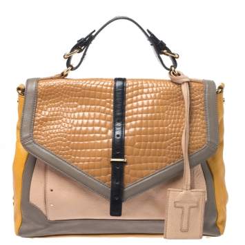 Pre Owned Tory Burch Multicolor Croc Embossed Leather Top Handle Bag