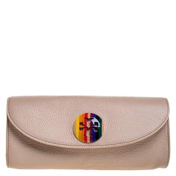 Pre Owned Tory Burch Pink Leather Emma Rainbow Logo Clutch