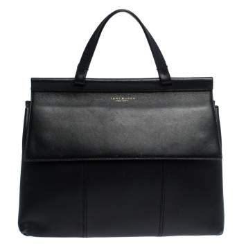 Pre Owned Tory Burch Black Leather Block T Top Handle Bag