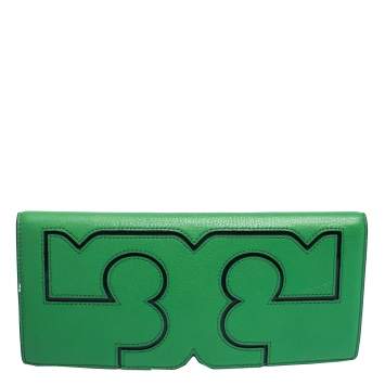 Pre Owned Tory Burch Green Leather Logo Flap Clutch