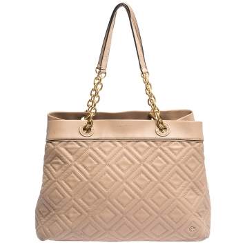 Pre Owned Tory Burch Beige Quilted Leather Fleming Tote