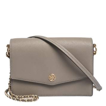 Pre Owned Tory Burch Grey Leather Robinson Flap Crossbody Bag
