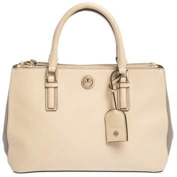 Pre Owned  Tory Burch Beige/Grey Leather Robinson Double Zip Tote