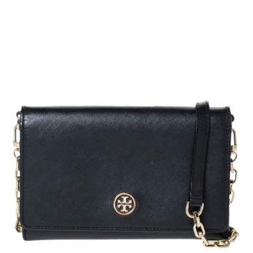 Pre Owned Tory Burch Black Leather Robinson Flap Chain Clutch Bag