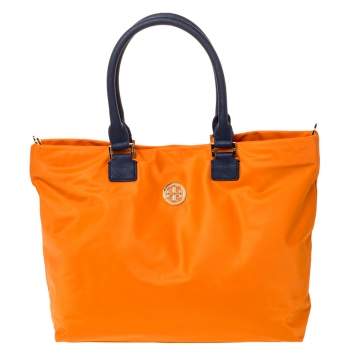 Pre Owned Tory Burch Orange/Blue Nylon and Leather Tote