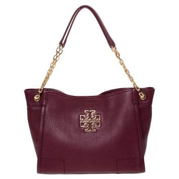 Pre Owned Tory Burch Burgundy Leather Chain Tote